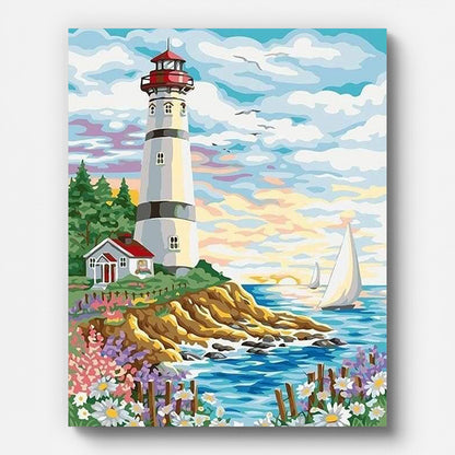 Coastal Lighthouse and Flowers Paint by Numbers shown on a stretched canvas