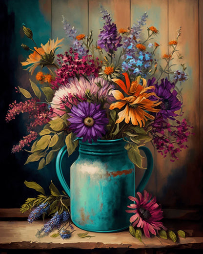Bunter Blumenstrauß in einer blauen Vase – Malen nach Zahlen für Erwachsene