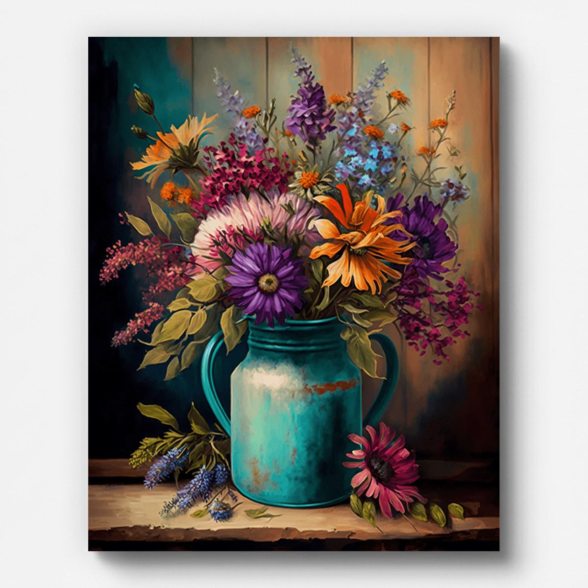 Bunter Blumenstrauß in einer blauen Vase – Malen nach Zahlen auf gespannter Leinwand