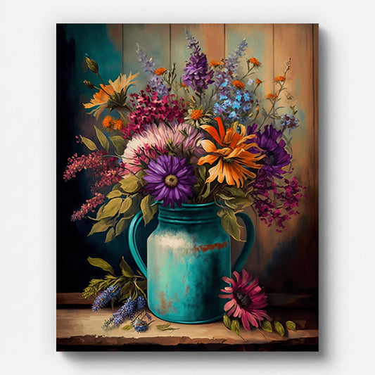 Bunter Blumenstrauß in einer blauen Vase – Malen nach Zahlen auf gespannter Leinwand