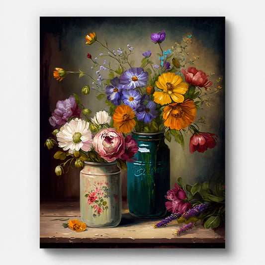 Colorful Bouquet in a Vintage Vase Paint by Numbers shown on a stretched canvas