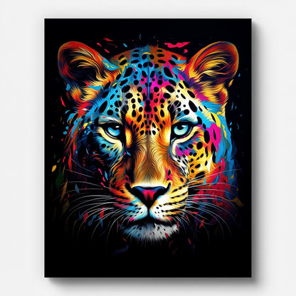 Colorful Leopard Portrait Paint by Numbers shown on a stretched canvas