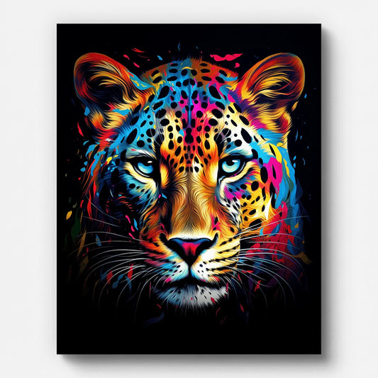 Colorful Leopard Portrait Paint by Numbers shown on a stretched canvas