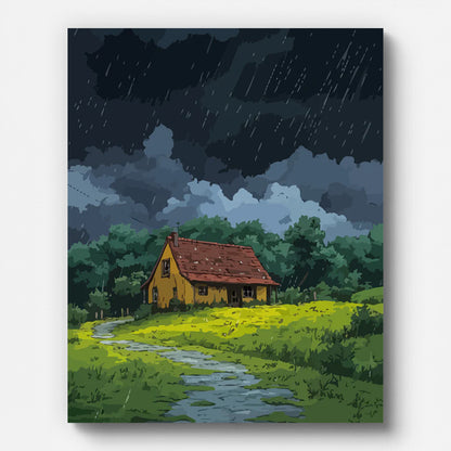 Landhaus am Fluss – Malen nach Zahlen auf gespannter Leinwand