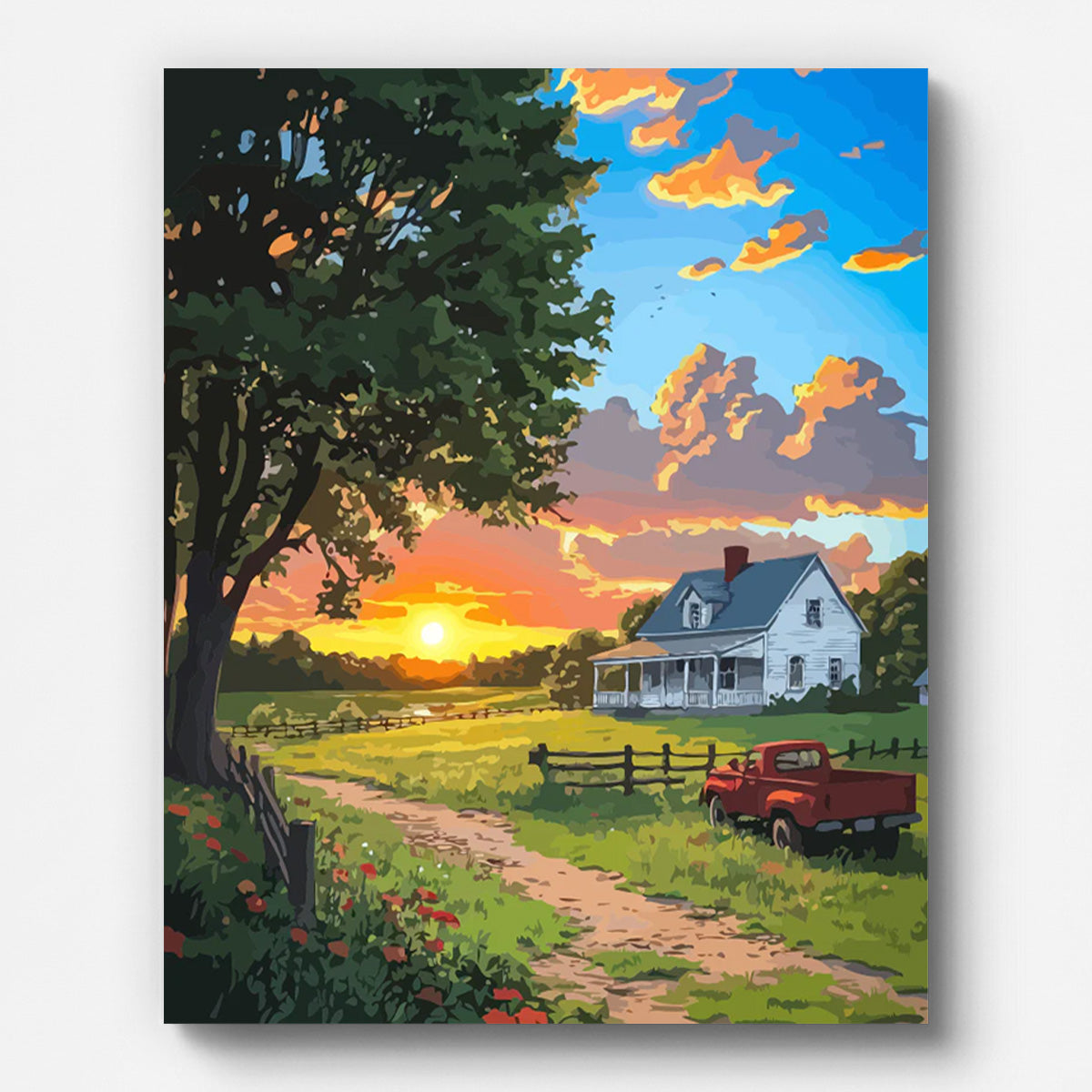 Countryside Sunflower Cottage Paint by Numbers shown on a stretched canvas