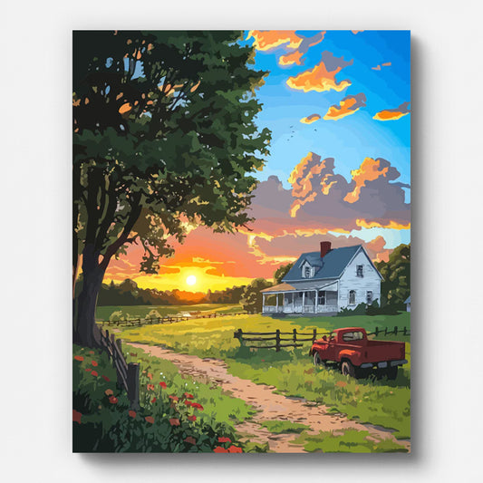 Countryside Sunflower Cottage Paint by Numbers shown on a stretched canvas