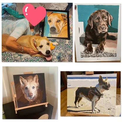 Custom dog paint by numbers portraits created from customers' pet photos