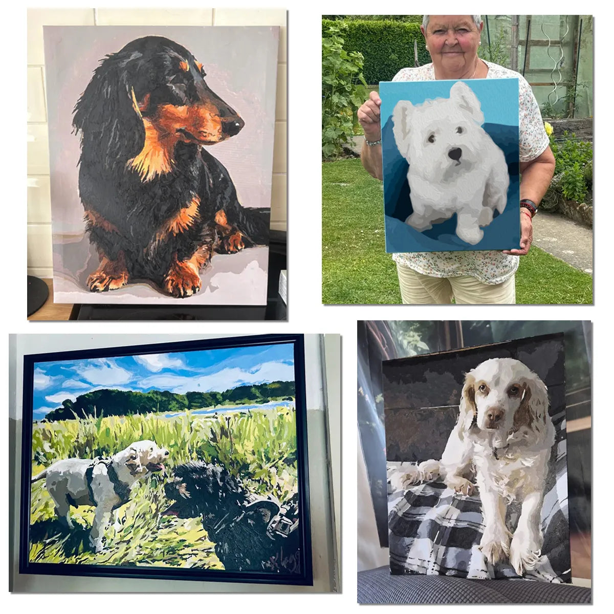 Customer examples of custom pet portraits featuring dogs