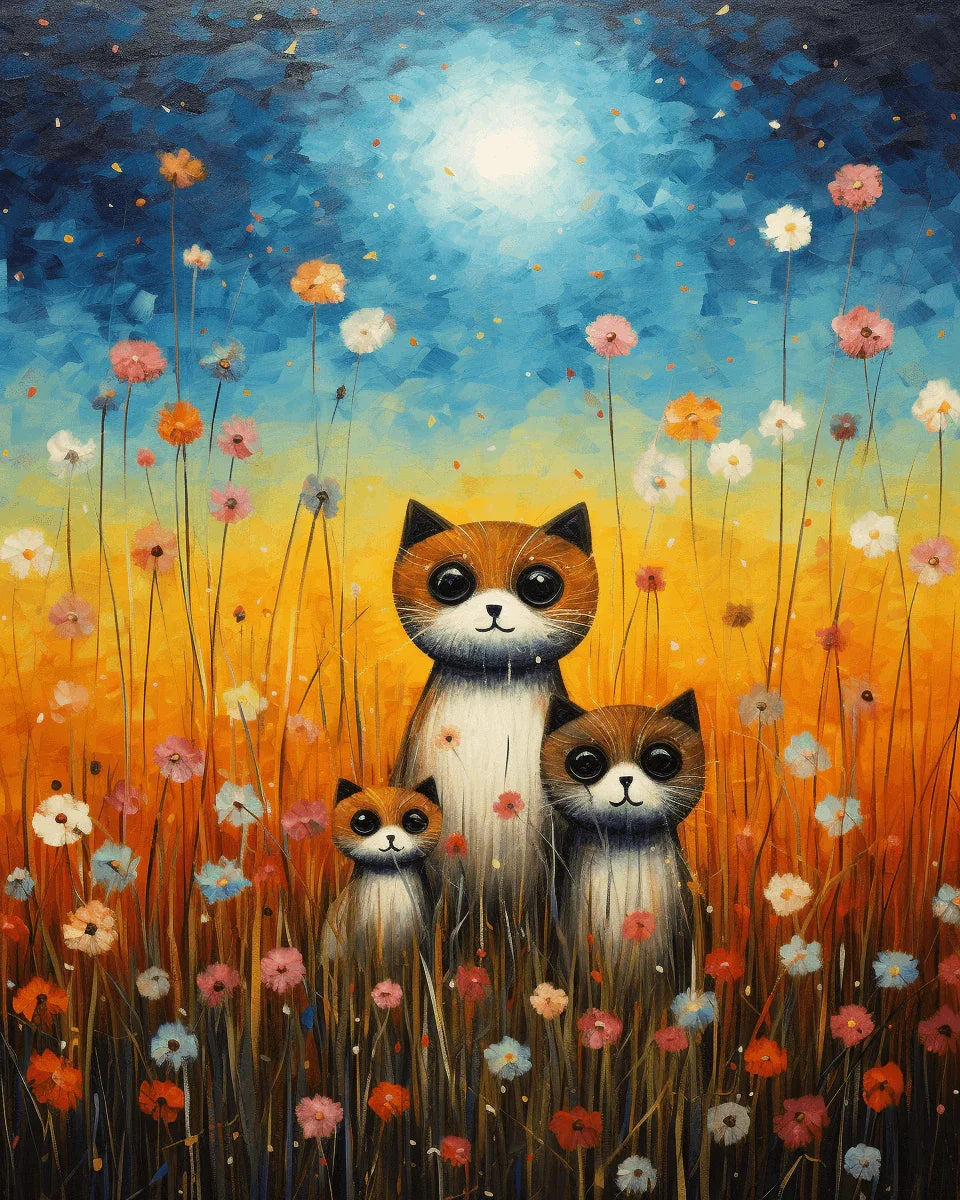 Cute Cat Family in Wildflowers Paint by Numbers for adults