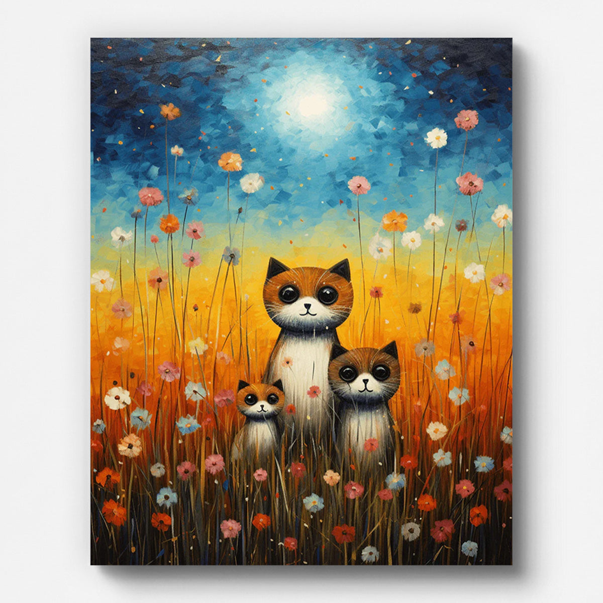 Cute Cat Family in Wildflowers Paint by Numbers shown on a stretched canvas
