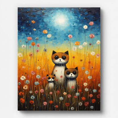 Cute Cat Family in Wildflowers Paint by Numbers shown on a stretched canvas