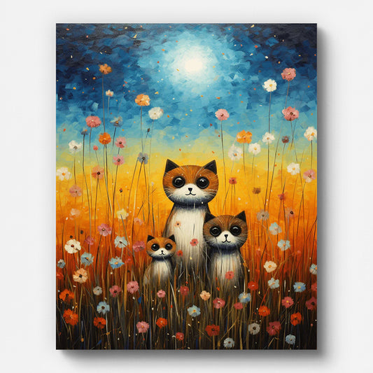 Cute Cat Family in Wildflowers Paint by Numbers shown on a stretched canvas