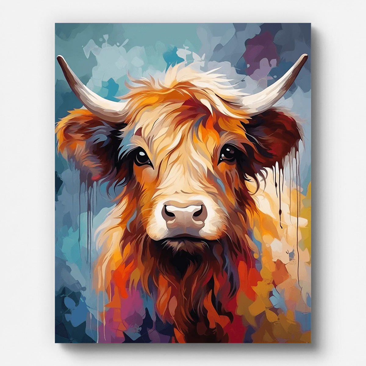 Cute Highland Cow Portrait Paint by Numbers shown on a stretched canvas