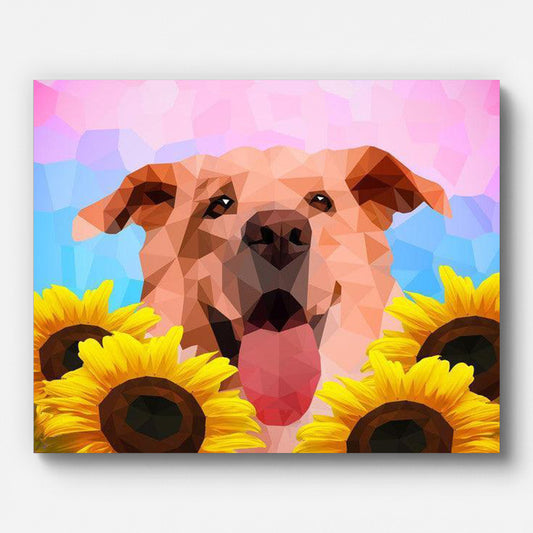 Cute Puppy with Sunflowers Paint by Numbers shown on a stretched canvas