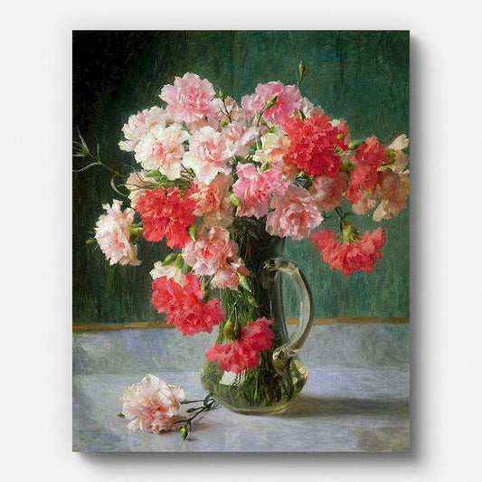 Émile Vernon Still Life of Carnations Paint by Numbers shown on a stretched canvas