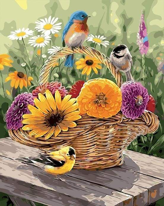 Flowers in A Basket and Birds Paint by Number Free Shipping - Paintarthub