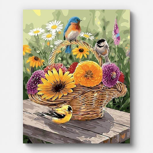 Flowers in a Basket with Birds Paint by Numbers shown on a stretched canvas