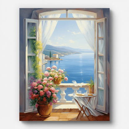Flowers Overlooking the Sea Paint by Numbers shown on a stretched canvas