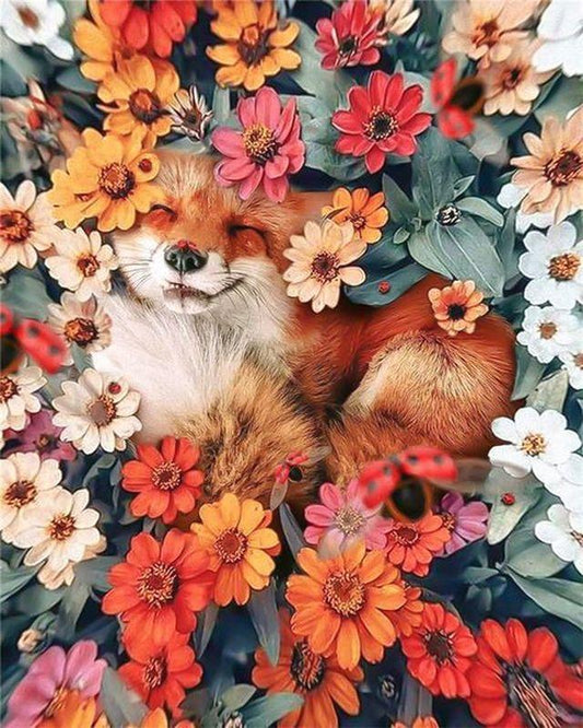 Fox Relaxing in The Flowers Paint by Number Free Shipping - Paintarthub