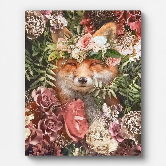Fox with Pastel Flowers Paint by Numbers shown on a stretched canvas