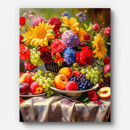 Stillleben mit Früchten und Blumen Malen nach Zahlen auf gespannter Leinwand