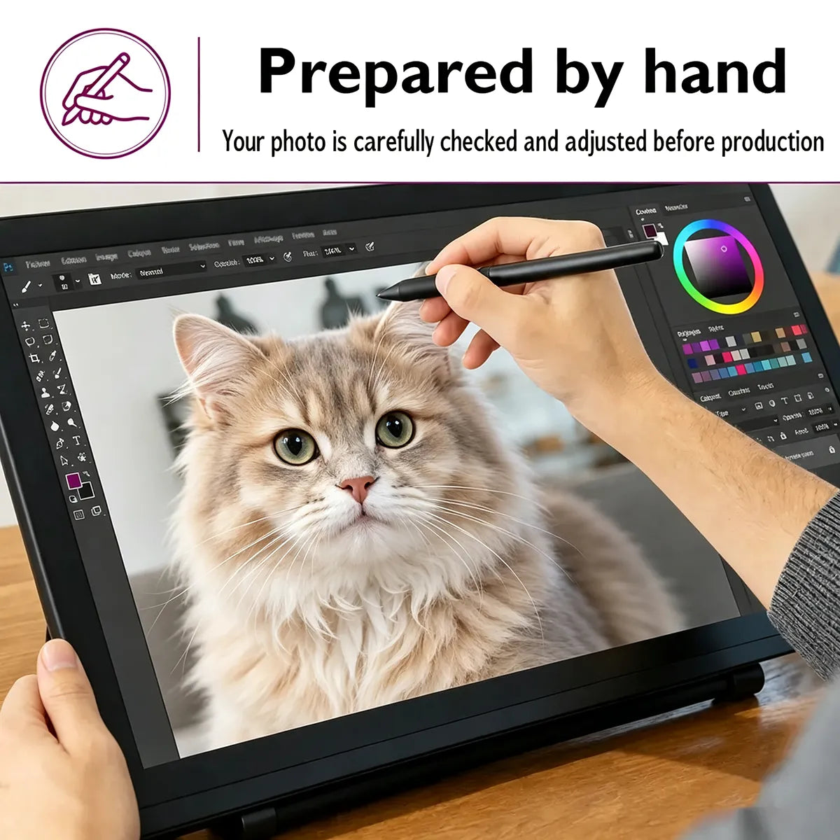 Designer manually preparing a cat photo for a custom pet paint by numbers canvas