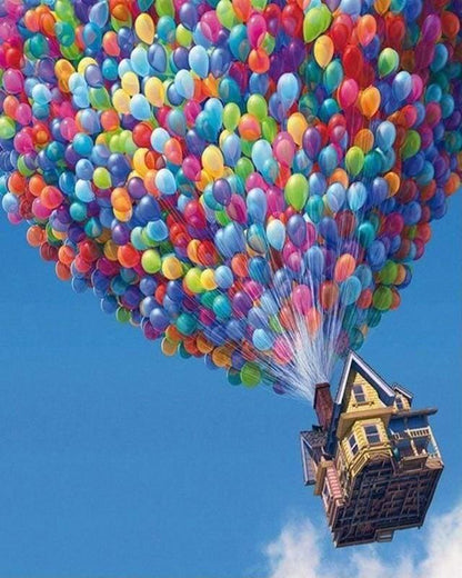 Haus an bunten Ballons – Malen nach Zahlen für Erwachsene