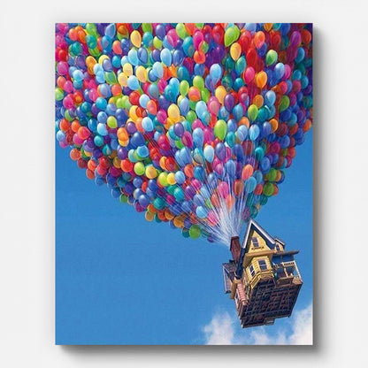 Haus an bunten Ballons – Malen nach Zahlen auf gespannter Leinwand