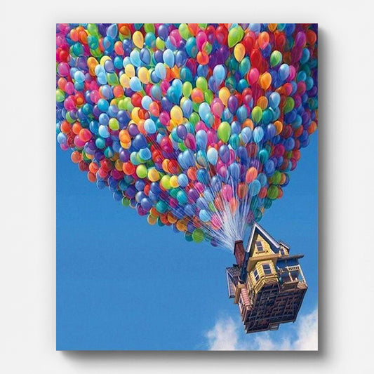 Maison portée par des ballons colorés – peinture par numéros sur toile tendue