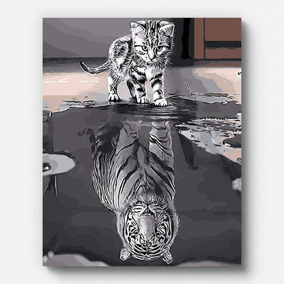 Kitten and Tiger Reflection Paint by Numbers shown on a stretched canvas