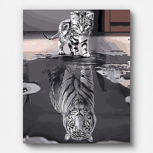 Kitten and Tiger Reflection Paint by Numbers shown on a stretched canvas
