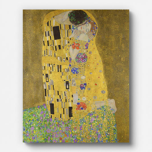Klimt The Kiss Paint by Numbers shown on a stretched canvas