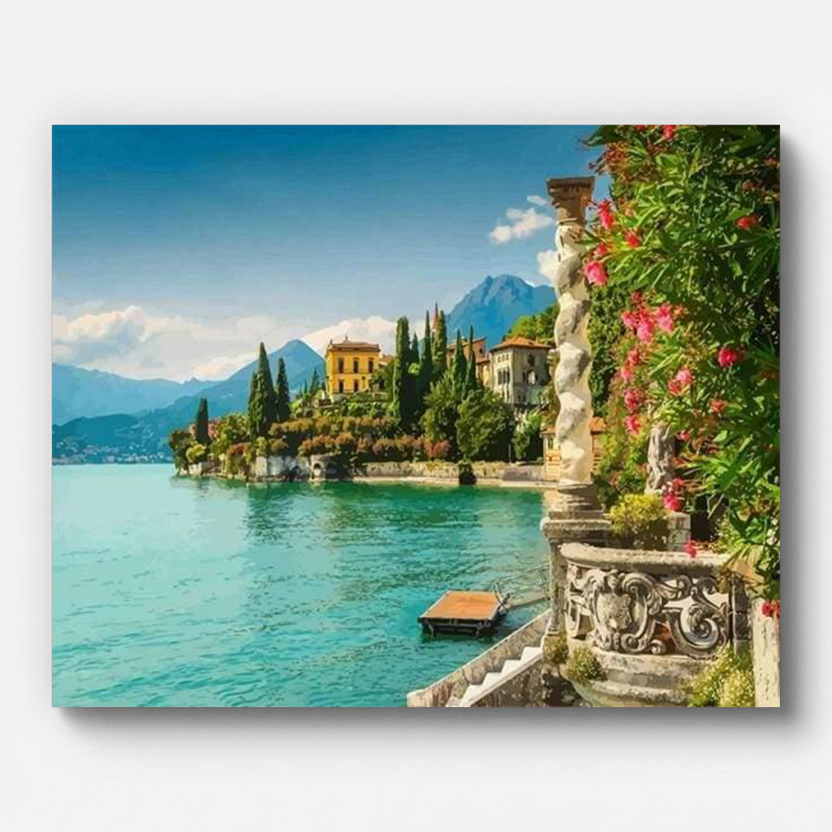 Lake Como Balcony View Paint by Numbers shown on a stretched canvas