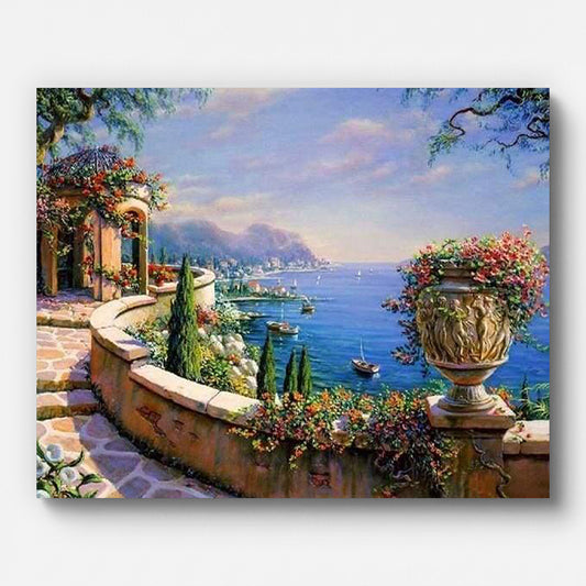 Lake View with Flowers Paint by Numbers shown on a stretched canvas