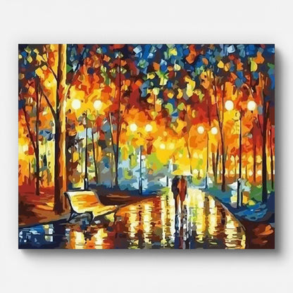 Leonid Afremov Evening Rain in the Park Paint by Numbers shown on a stretched canvas