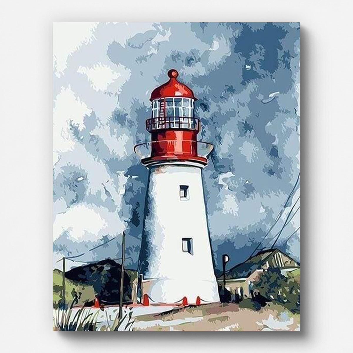 Lighthouse Under Cloudy Skies Paint by Numbers shown on a stretched canvas