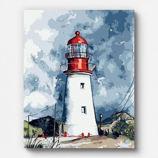 Lighthouse Under Cloudy Skies Paint by Numbers shown on a stretched canvas