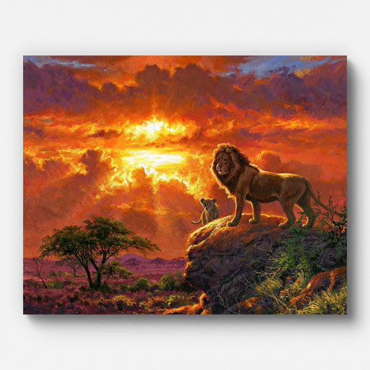 Lion and Cub at Sunset Paint by Numbers shown on a stretched canvas