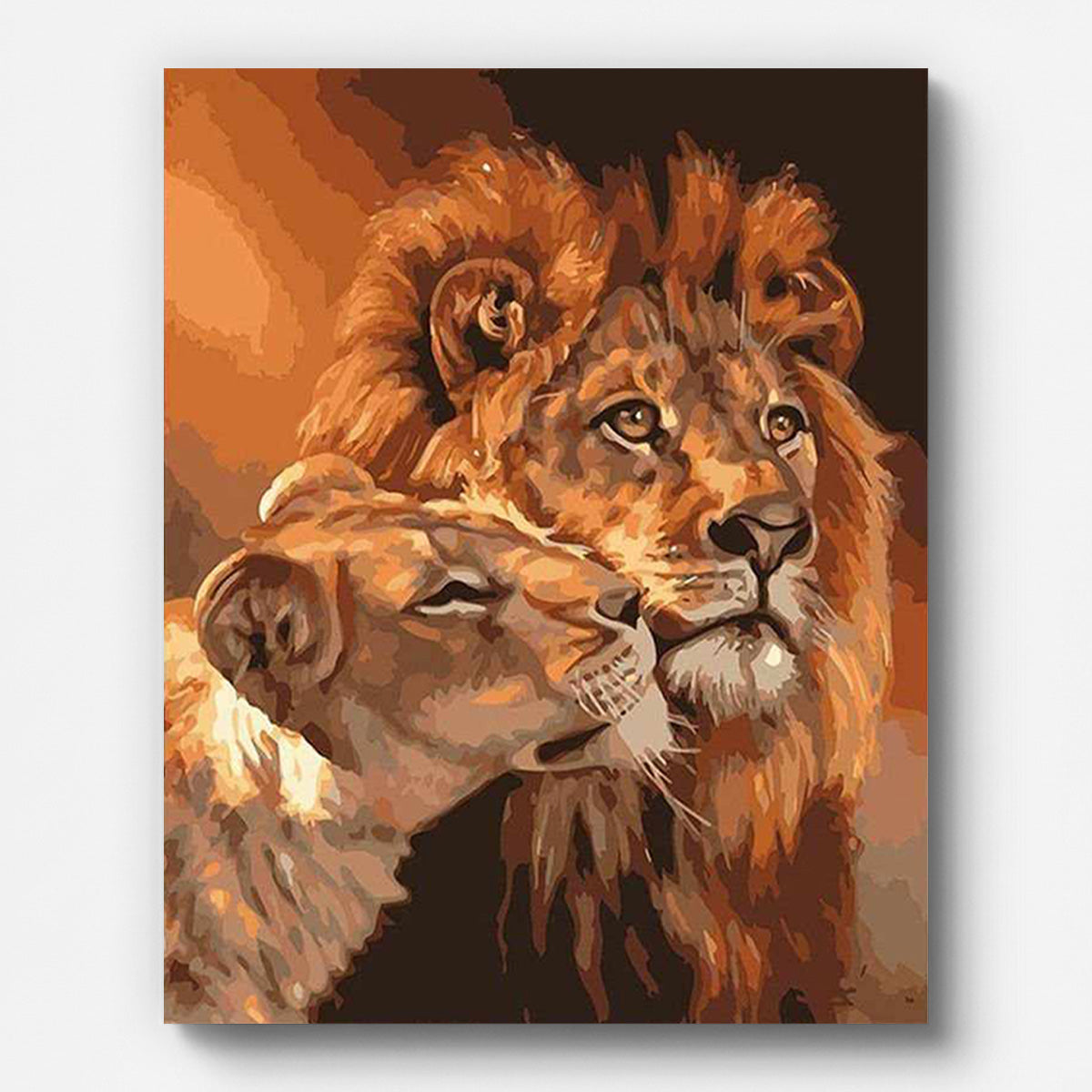 Lion Couple Paint by Numbers shown on a stretched canvas