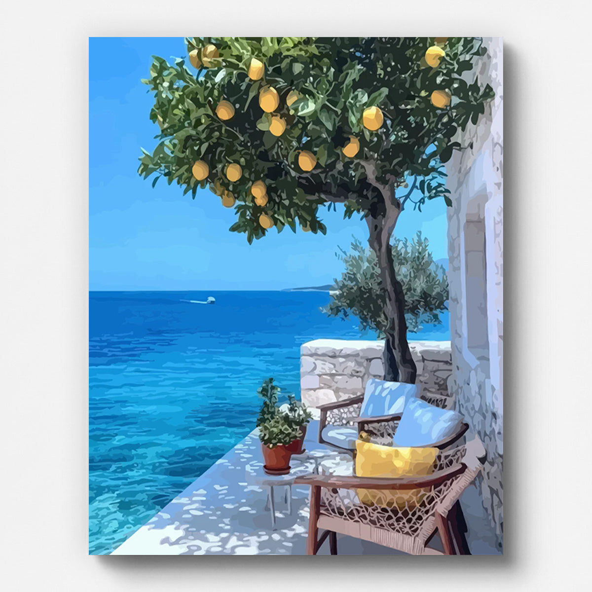 Mediterranean Lemon Tree Terrace Paint by Numbers shown on a stretched canvas