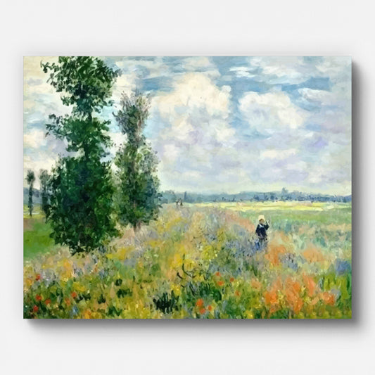 Monet Poppy Fields near Argenteuil Paint by Numbers shown on a stretched canvas