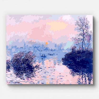 Monet Sunset on the Seine at Lavacourt Paint by Numbers shown on a stretched canvas