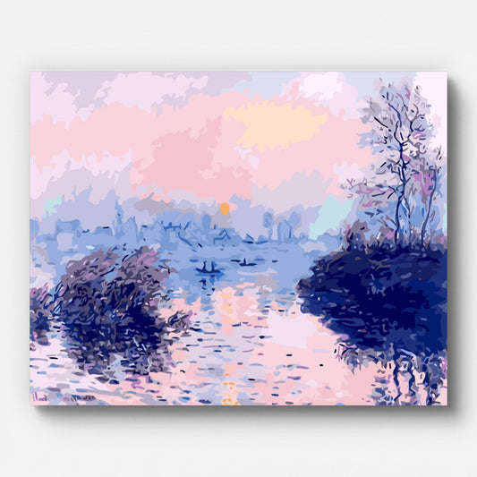 Monet Sunset on the Seine at Lavacourt Paint by Numbers shown on a stretched canvas