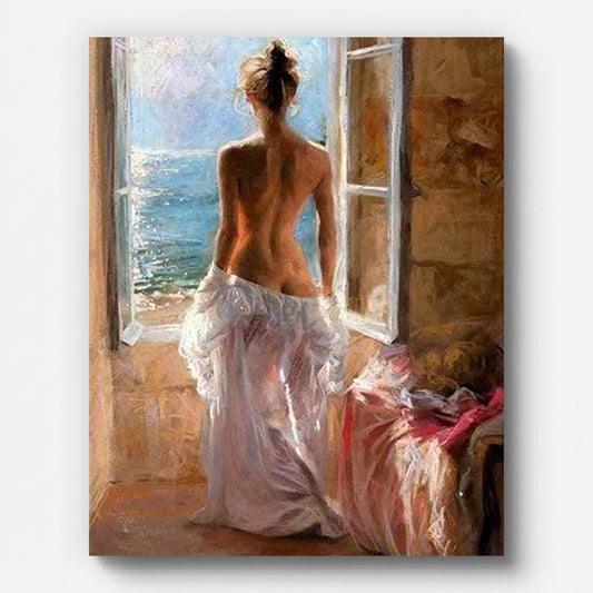 Nude Woman by the Window Paint by Numbers shown on a stretched canvas