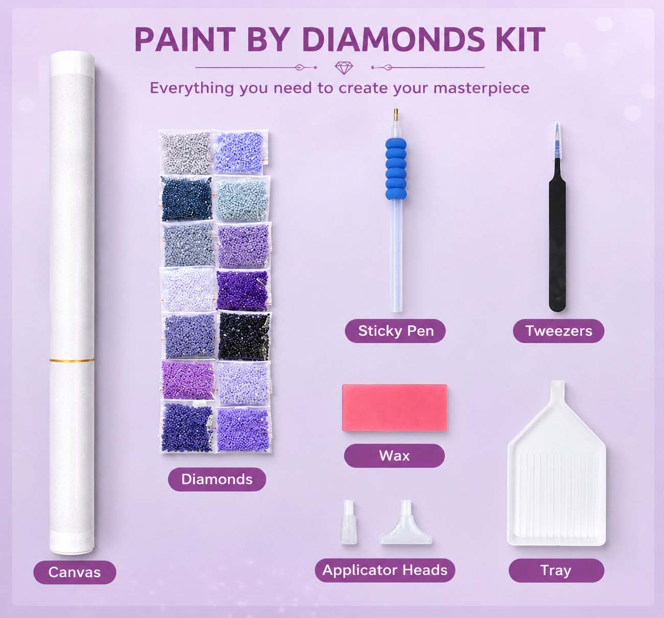 Complete Paint by Diamonds kit with canvas, diamond beads and accessories for DIY diamond painting