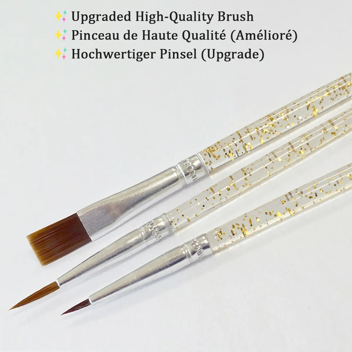Fine, medium and wide nylon brushes included with the paint by numbers kit