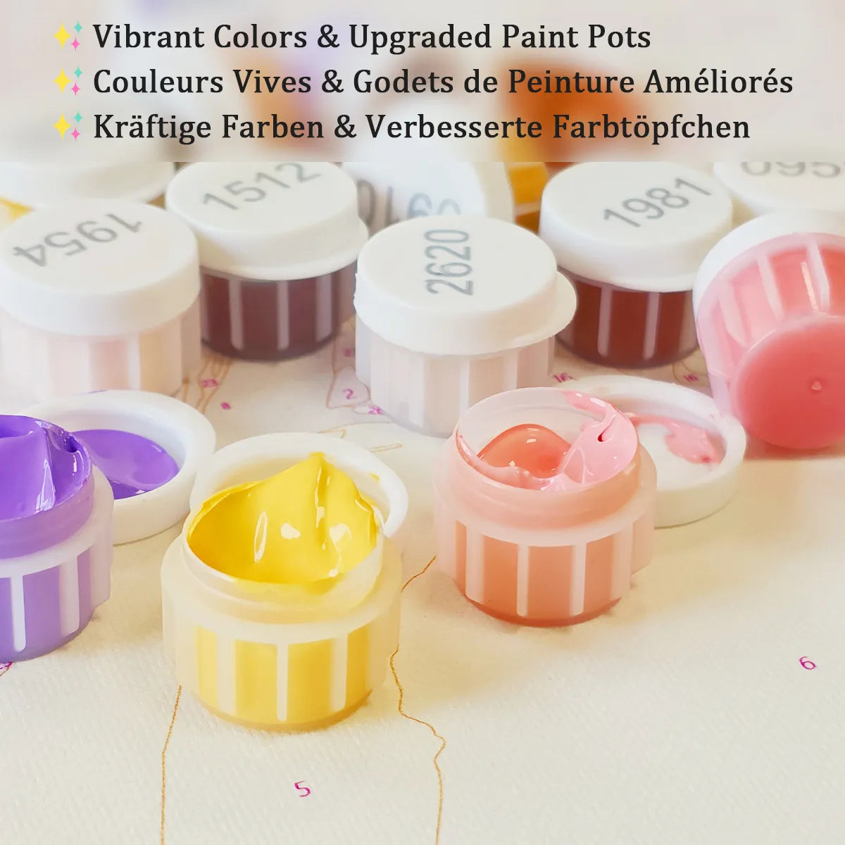Numbered acrylic paint pots supplied with a personalised pet paint by numbers kit