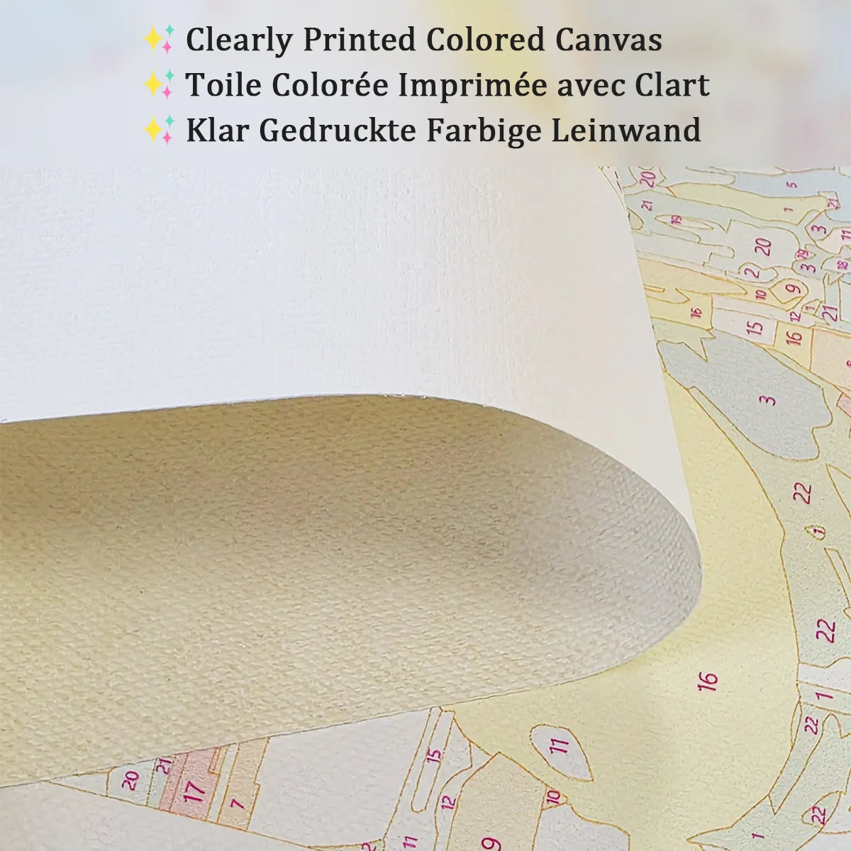 Close-up of a finely woven linen paint by numbers canvas with printed numbered areas