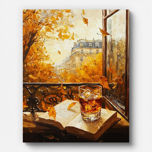 Paris Balcony in Autumn Paint by Numbers shown on a stretched canvas