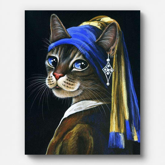 Pearl Earring Cat Paint by Numbers – Inspired by Vermeer shown on a stretched canvas